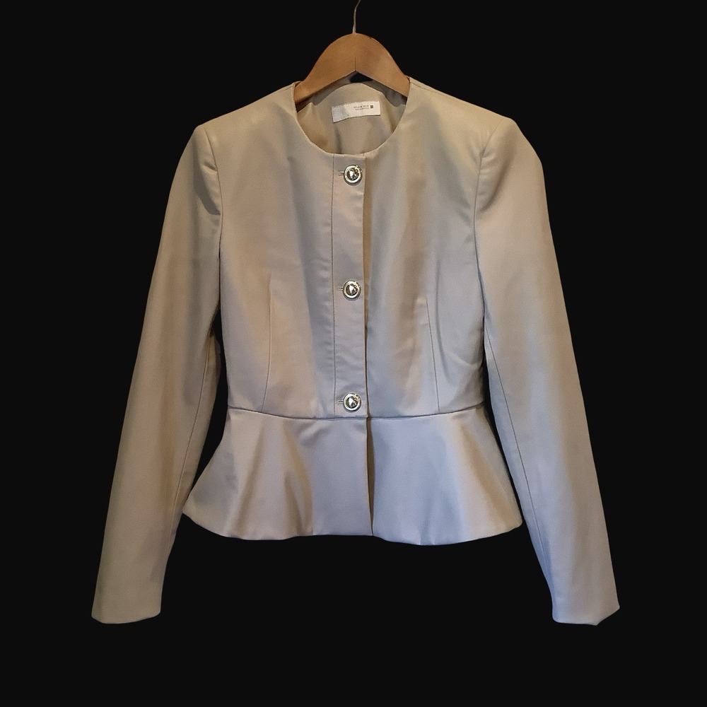 Zara Ivory Vegan Leather Rocker Peplum Jacket Business Jacket Sz XS